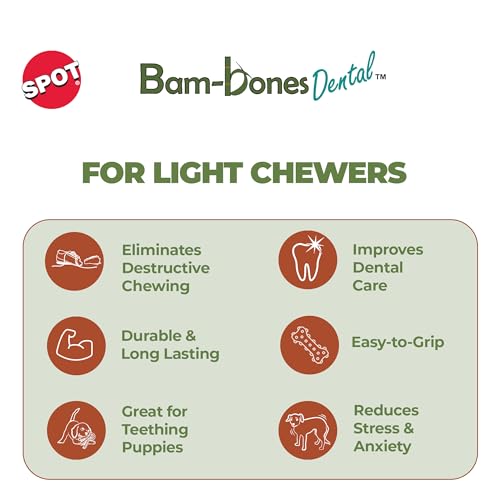 SPOT Bam-Bones Dental Bone - Made with Bamboo Fiber and a Massaging Rubber Center, Durable Oral Care Dog Chew for Light Chewers & Teething Puppies Under 25lbs, 6in Allergen Free Peanut Butter Flavor