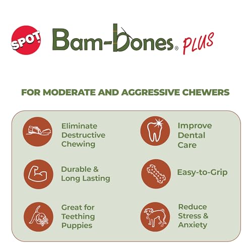 SPOT Bam-bones PLUS T Bone - Bamboo Fiber & Nylon, Durable Long Lasting Dog Chew for Aggressive Chewers – Great Toy for Adult Dogs & Teething Puppies under 60lbs, Non-Splintering, 6in, Beef Flavor