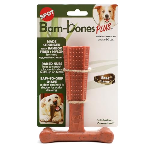 SPOT Bam-bones PLUS T Bone - Bamboo Fiber & Nylon, Durable Long Lasting Dog Chew for Aggressive Chewers – Great Toy for Adult Dogs & Teething Puppies under 60lbs, Non-Splintering, 6in, Beef Flavor