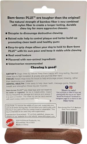 SPOT Bam-bones PLUS T Bone - Bamboo Fiber & Nylon, Durable Long Lasting Dog Chew for Aggressive Chewers – Great Toy for Adult Dogs & Teething Puppies under 60lbs, Non-Splintering, 6in, Beef Flavor