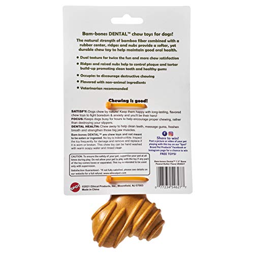 SPOT Bam-Bones Dental Bone - Made with Bamboo Fiber and a Massaging Rubber Center, Durable Oral Care Dog Chew for Light Chewers & Teething Puppies Under 25lbs, 6in Allergen Free Peanut Butter Flavor