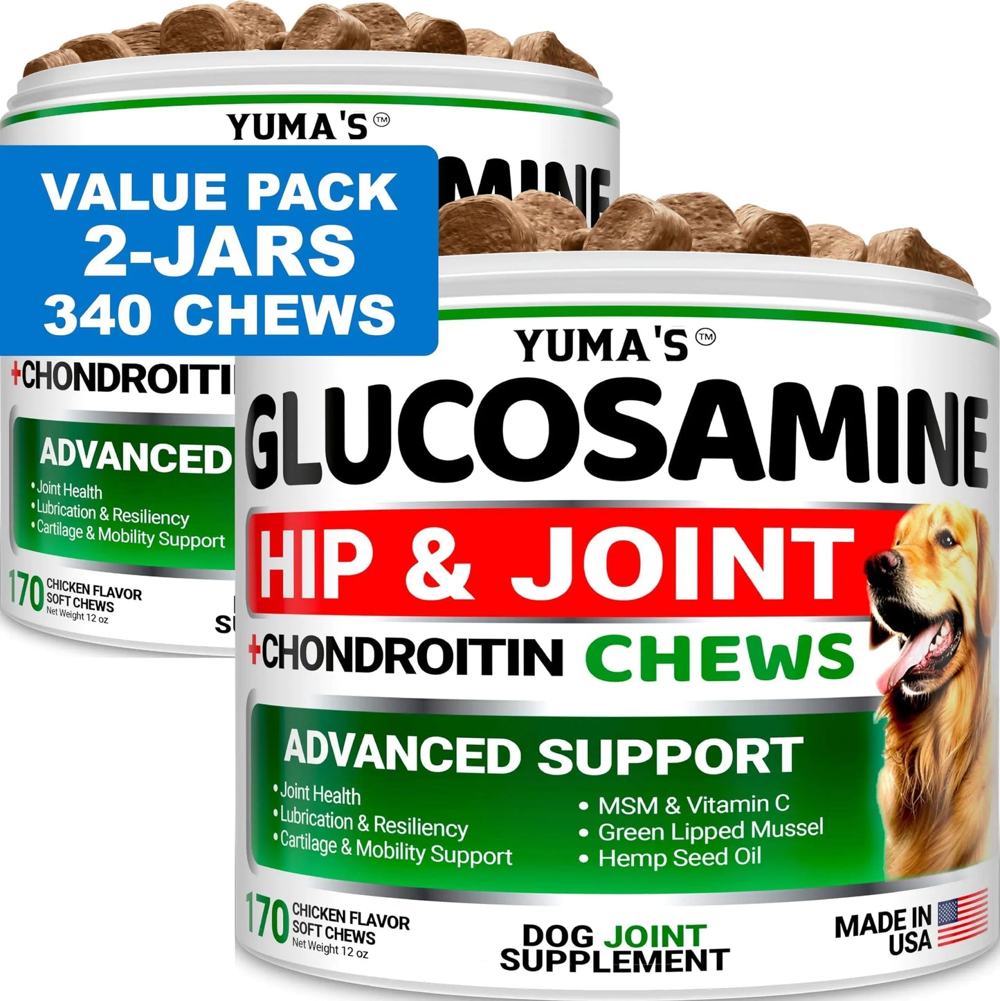 2 Pack Glucosamine for Dogs with Chondroitin Joint Pain Relief Made in USA