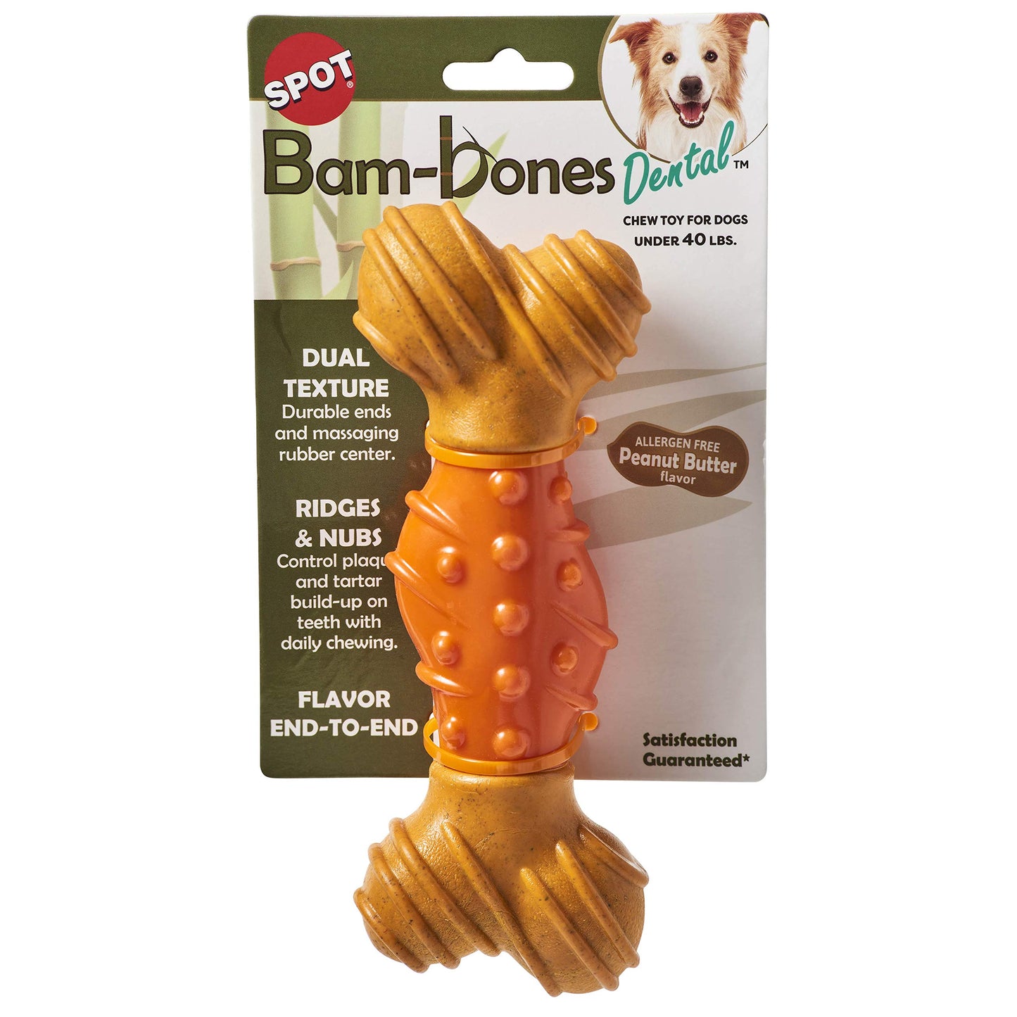 SPOT Bam-Bones Dental Bone - Made with Bamboo Fiber and a Massaging Rubber Center, Durable Oral Care Dog Chew for Light Chewers & Teething Puppies Under 25lbs, 6in Allergen Free Peanut Butter Flavor