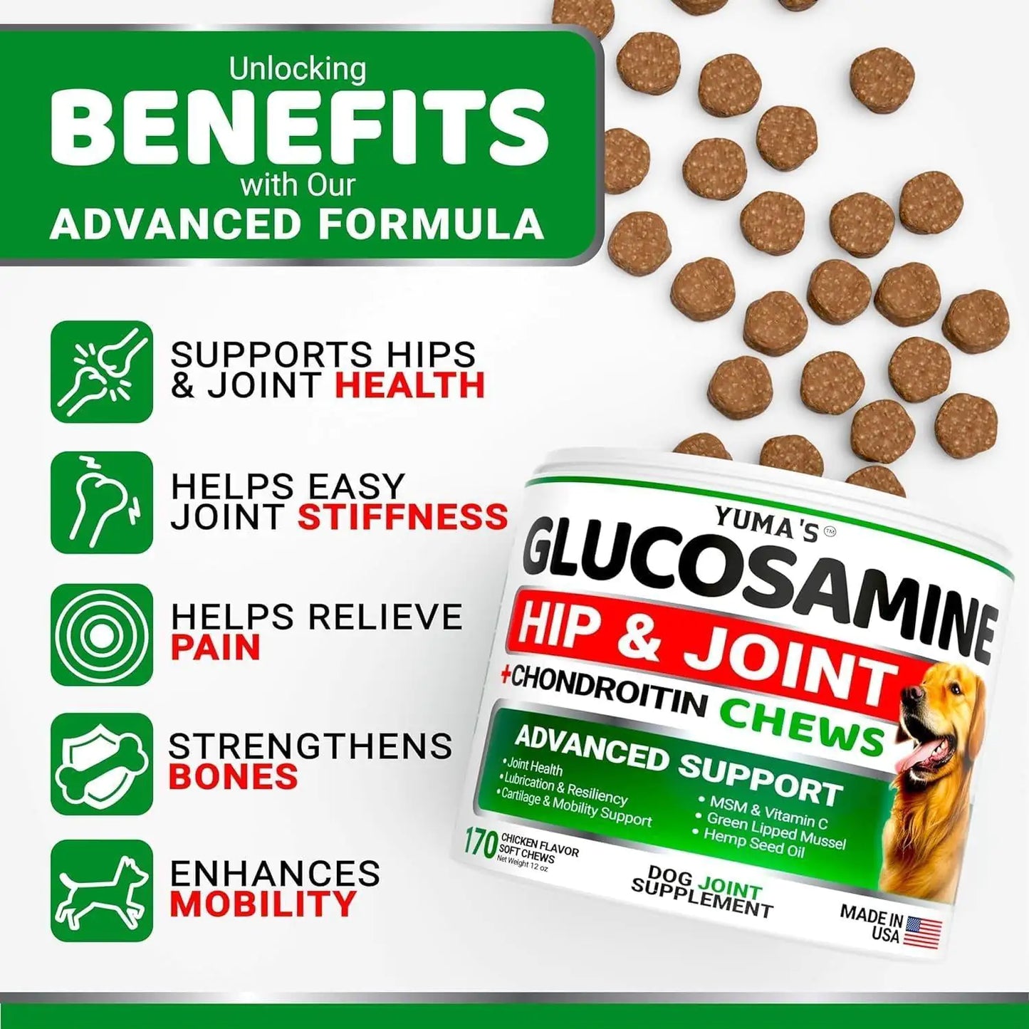 2 Pack Glucosamine for Dogs with Chondroitin Joint Pain Relief Made in USA