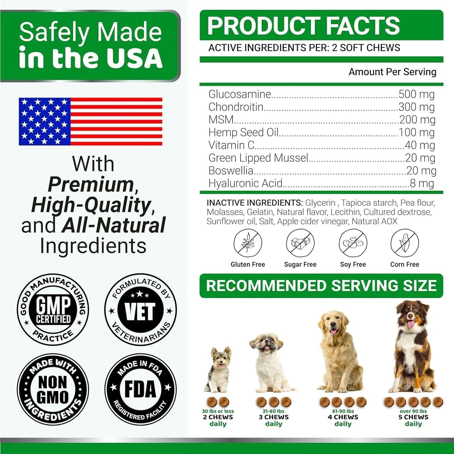 2 Pack Glucosamine for Dogs with Chondroitin Joint Pain Relief Made in USA